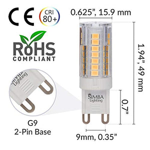 Simba Lighting G9 LED Light Bulb (5 Pack) 4W T4 40W Halogen Replacement for Pendants, Ceiling Lights, Desk Lamp, Wall Sconce, 120V JCD Bi-Pin Base Non-Dimmable, 3000K Soft White