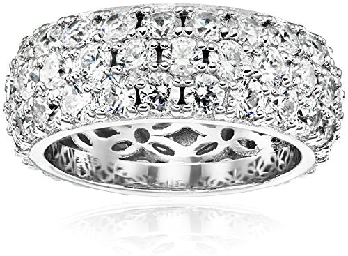 Platinum-Plated Sterling Silver 3 Row Pave Ring set with Round Swarovski Zirconia (3.45 cttw), Size 6