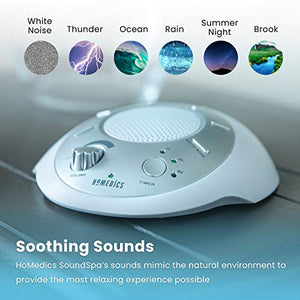 White Noise Sound Machine | Portable Sleep Therapy for Home , Office , Baby & Travel | 6 Relaxing & Soothing Nature Sounds , Battery or Adapter Charging Options , Auto-Off Timer | HoMedics Sound Spa