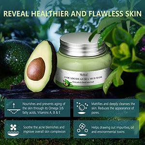 Organic Avocado Clay Mask Meliza Dead Sea Mud Mask Natural Green Tea Healing Clay Facial Mask Nourishing Hydration Antioxidant Deep Cleansing Mud Mask with Mask Brush for Acne Blackheads Pores