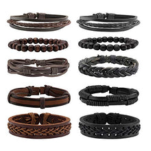 Load image into Gallery viewer, MILAKOO 10 Pcs Braided Leather Bracelet for Men Women Wooden Beaded Bracelets Wrap Adjustable
