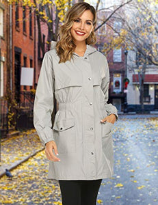 Avoogue Womens Rain Coat Waterproof Lightweight Rain Jacket Active Hooded Women's Trench Coats Grey