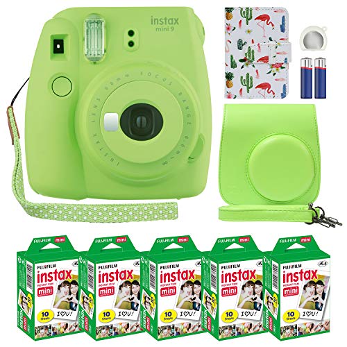 Fuji Instax Mini 9 Instant Camera Lime Green with Custom Case + Fuji Instax Film Value Pack (50 Sheets) Flamingo Designer Photo Album for Fuji instax Mini 9 Photos