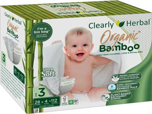 Clearly Herbal Organic Bamboo Diapers, Micro Cushion Comfort & Other Compostable Plant-Based Materials, Size 3 28ct Case (4 Inner Bags)