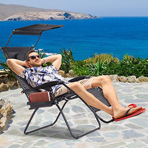 Goplus Folding Zero Gravity Lounge Chair Wide Recliner for Outdoor Beach Patio Pool w/Shade Canopy (Black Zero Gravity Chair)