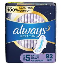 Load image into Gallery viewer, Always Ultra Thin Feminine Pads for Women, Size 5, Extra Heavy, Overnight Absorbency with Wings, 46 Count x 2 Packs (92 Count Total)
