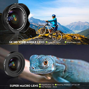 Phone Camera Lens, 5K HD 2 in 1 120° Wide Angle Lens, 20X Macro Lens,Clip-On Phone Lens Compatible iPhone,Samsung, Most Andriod Phones No Distortion