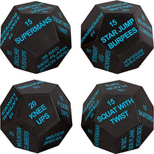 Load image into Gallery viewer, Juliet Paige Exercise Dice Cube for Fitness, Workouts, Crossfit WOD at Home, Cardio, HIIT, and Sports with Exercise Illustration Booklet (Bright Green, Light Blue, and Light Grey)

