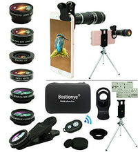 Load image into Gallery viewer, Cell Phone Camera Lens Kit,11 in 1 Universal 20x Telephoto Lens,0.63Wide Angle+15X Macro+198°Fisheye+2X Telephoto+Kaleidoscope+CPL/Starlight/Eyemask/Tripod/Remote,for Most Smartphone (Black)
