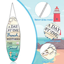 Load image into Gallery viewer, Hotop Metal Surfboard Sign Decor A Day At The Beach Restores The Soul Plaque Hanging Beach Decor for Wall and Door Outside Decor, 4 x 12.6 Inch
