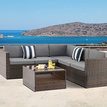 Load image into Gallery viewer, SUNCROWN Outdoor 4-Piece Patio Furniture Sectional Sofa Set All Weather Brown Wicker with Washable Seat Cushions and Modern Glass Coffee Table, Grey
