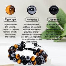 Load image into Gallery viewer, XonyiCos Triple Protection Bracelet,Made by hand Crystal Bracelet for Men Women Tiger Eye Beads Hematite and Black Obsidian Natural Stone 8mm Healing Bracelets Good Luck Prosperity Happiness
