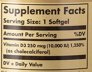 Solgar Vitamin D3 (Cholecalciferol) 250 MCG (10,000 IU), 120 Softgels - Helps Maintain Healthy Bones & Teeth - Immune System Support - Non GMO, Gluten Free, Dairy Free - 120 Servings