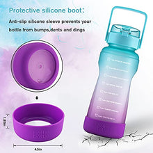 Load image into Gallery viewer, BOTTLE BOTTLE Half Gallon/64 oz Water Bottle with Straw Big Handle Protective Silicone Boot Sports Water Bottle with Time Marker Leak Proof Reusable Water Jug for Adult and Kids (blue purple)
