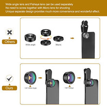 Load image into Gallery viewer, Phone Camera Lens,Upgraded 3 in 1 Phone Lens kit-198° Fisheye Lens + Macro Lens + 120° Wide Angle Lens,Clip on Cell Phone Lens Kits Compatible with iPhone,iPad,Most Android Phones and Smartphones
