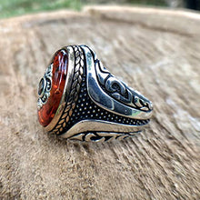 Load image into Gallery viewer, MEVA 925k Stamped Sterling Silver Carved Design Red Agate (aka Aqeeq) and Black Onyx Stone Men's Ring RKB0015 (10)
