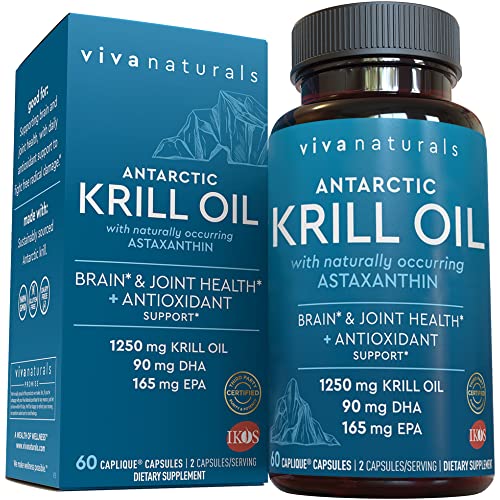 Krill Oil Supplement 1250mg - Antarctic Krill Oil Omega 3 Providing Astaxanthin, DHA and EPA, Joint Support and Brain Supplement with No Fishy Aftertaste (60 Capsules)
