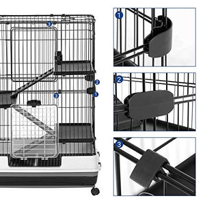 SONGMICS 4-Level Small Animal Pet Cage, Ferret Chinchilla Playpen Hutch with 3 Platforms, 3 Ramps, Leakproof Litter Tray, 3 Doors, and Lockable Wheels, Black UPSC02BK