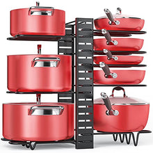 Load image into Gallery viewer, Pan Organizer Rack for Cabinet, Pot Rack with 3 DIY Methods, Adjustable Pots and Pans Organizer under Cabinet with 8 Tiers, Large &amp; Small Pot Organizer Rack for Cabinet Kitchen Cookware Organizer
