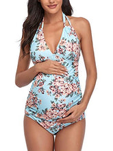 Load image into Gallery viewer, SUMMERSUNSHINE Maternity One Piece Halter Swimwear Pregnancy V-Neck Bathing Suit Maternity Beach Wear Bikini Blue L
