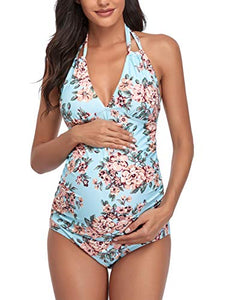 SUMMERSUNSHINE Maternity One Piece Halter Swimwear Pregnancy V-Neck Bathing Suit Maternity Beach Wear Bikini Blue L