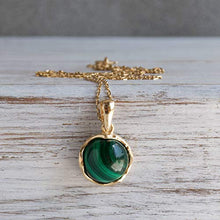 Load image into Gallery viewer, Malachite Necklace - 14K Gold Plated over 925 Sterling Silver, Dainty 12mm Natural Stone, Genuine Dark Green Malachite Gemstone Pendant, Delicate Handmade Vintage Antique Jewel for Women
