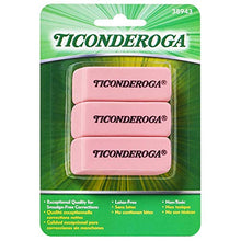 Load image into Gallery viewer, TICONDEROGA Pink Carnation Erasers, Wedge, Medium, Pink, 2-5/16 x 13/16 x 7/17 Inches, 3-Pack (38943)
