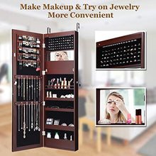 Load image into Gallery viewer, Giantex 15 LEDs Jewelry Cabinet Wall Door Mounted, Lockable Jewelry Armoire with Full Length Mirror, Cosmetics Tray, Lipstick Brush Holders, Build-in Makeup Mirror, Jewelry Cabinet for Women Girls (Brown)
