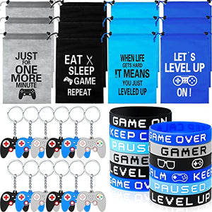36 Pieces Video Game Party Favors Includes Video Game Bracelets Wristbands Gaming Party Bags with Drawstring Game Controller Keychains for Video Game Birthday Party Favors Supplies