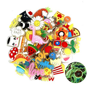 FOOIND 45PCS Shoe Charms Glow in the Dark & 1 Wristbands ,Food Pattern Shoe Charms for Croc Clog Shoes Bands Bracelet Wristband Party, Dinosaur Pattern Shoe Charms for Teens Children Birthday Gifts
