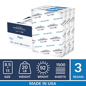 Hammermill 20lb Copy Paper, 8.5 x 11, 3 Ream Case, 1,500 Sheets, Made in USA, Sustainably Sourced From American Family Tree Farms, 92 Bright, Acid Free, Economical Multipurpose Printer Paper, 113620C
