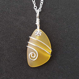 Handmade in Hawaii, Wire Wrapped Yellow Topaz"November Birthstone Color" sea glass necklace, (Hawaii Gift Wrapped, Customizable Gift Message)