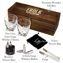 Load image into Gallery viewer, Whiskey Bullet Stones Premium Gift Set By Frolk, Set Of 6 Extra Large Stainless Steel Whiskey Stones, 2 Large Twisted Whiskey Glasses (11 oz), Freezer Base, Velvet Pouch &amp; Tongs In Novelty Wooden Box
