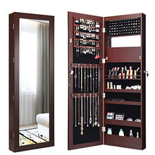 Load image into Gallery viewer, Giantex 15 LEDs Jewelry Cabinet Wall Door Mounted, Lockable Jewelry Armoire with Full Length Mirror, Cosmetics Tray, Lipstick Brush Holders, Build-in Makeup Mirror, Jewelry Cabinet for Women Girls (Brown)
