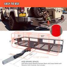 Load image into Gallery viewer, MeeFar Folding Hitch Mount Cargo Carrier Basket 60&quot; X 20&quot; X 6&quot;+Waterproof Cargo Bag 16 Cubic Feet(58&quot; 19&quot; 24&quot;),Hauling Weight Capacity of 500 Lbs and A Folding Arm.with Hitch Stabilizer,Net and Straps
