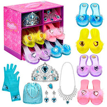Load image into Gallery viewer, Princess Dress Up Shoes Set Girls Role Play Shoes Pretend Jewelry Toys Set Gift Set 4 Pairs of Shoes Kit Collection of Tiara Crown Earrings Necklace Rings Handbag Gloves for Girls Aged 3-6 Years Old
