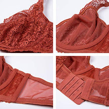 Load image into Gallery viewer, DOBREVA Women's Lace Sheer Mesh Bra Minimizer Sexy Plus Size Bralette Underwire Pumpkin 32A

