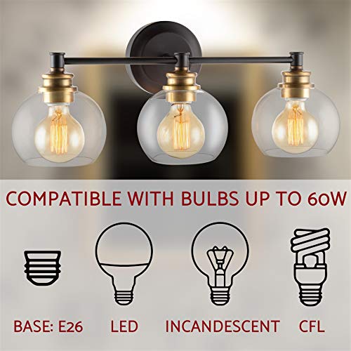 Load image into Gallery viewer, Kira Home Odette 22" Modern 3-Light Vanity/Bathroom Light + Clear Glass Globe Shades, Warm Brass Accents + Oil Rubbed Bronze Finish