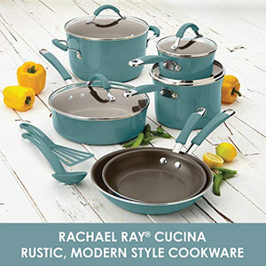 Rachael Ray Cucina Nonstick Cookware Pots and Pans Set, 12 Piece, Agave Blue