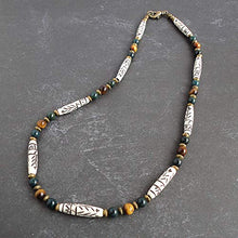 Load image into Gallery viewer, Carved Bone, Bloodstone, Tiger Eye Gemstone - Mens Tribal Style Necklace 19 inch - Handcrafted in USA
