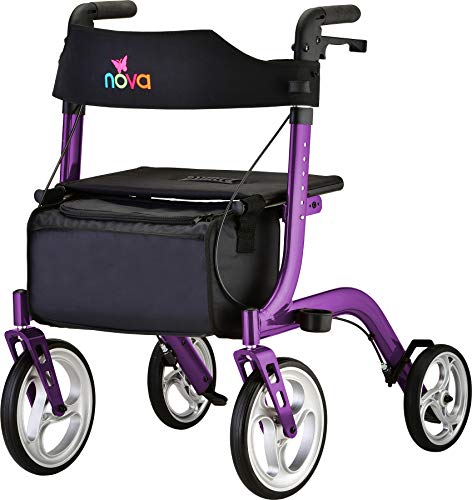 NOVA Medical Products Express Rollator Walker, Large 10” & 8” Wheels, Compact Foldable & Free Standing, Easy to Fold, Lift & Carry, Comes with Cane Holder, Purple