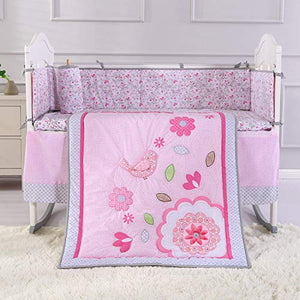 Wowelife Flower Crib Bedding Set Pink Birds Playing 7 Piece Baby Crib Sets with 4 Bumper Pads(Pink-7 Piece)