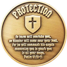 Load image into Gallery viewer, Archangel Saint Michael Coin, Bulk Pack of 10 Antique Gold Plated Challenge Protection Coins, The Lord is with You Mighty Warrior, Judges 6:12 and No Harm Will Overtake You, Psalm 91 Gift
