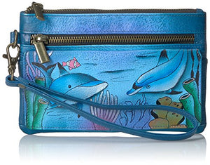 Anna by Anuschka Hand Painted Leather Wristlet Organizer Wallet | Playful Dolphin
