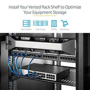 1U Server Rack Shelf - Universal Vented Rack Mount Cantilever Tray for 19" Network Equipment Rack & Cabinet - Heavy Duty Steel – Weight Capacity 44lb/20kg - 12" Deep Shelf, Black (SHELF-1U-12-FIXED-V)