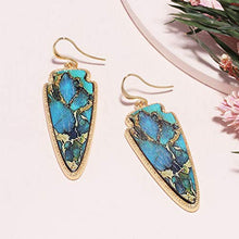 Load image into Gallery viewer, Marble Effect on Recycled Wood, Arrowhead Shape Drop Statement Earrings
