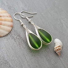 Load image into Gallery viewer, Handmade jewelry from Hawaii, wire braided Emerald sea glass earrings,"May Birthstone", (Hawaii Gift Wrapped, Customizable Gift Message)
