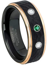 Load image into Gallery viewer, Black &amp; Rose Gold IP Hammered Tungsten Carbide Mens Wedding Band with 0.21ctw / 0.30ctw Emerald &amp; Diamond Birthstone 3-Stone Tungsten Ring - Comfort Fit Tungsten Anniversary Ring - 1EDWD
