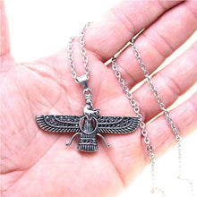 Load image into Gallery viewer, Asoodehdelan Large Double Sided Hematite Silver Pt Farvahar Necklace Iranian Gift Persian Iran Faravahar (24&quot; Chain)
