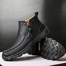 Load image into Gallery viewer, Govicta Leather Ankle Boots Hand Stitching Casual Loafers Boots for Men Slip On Driving Shoes Side Zipper Non Slip Comfy Black Regular Size 10.5
